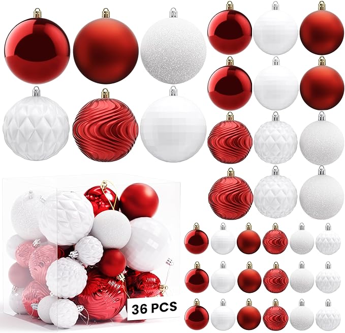 Annecy Christmas Tree Ornaments - 36 PCS Shatterproof Christmas Ball Ornaments Set for Holiday, Wreath & Party Decorations (Multi-Size, Red, White)