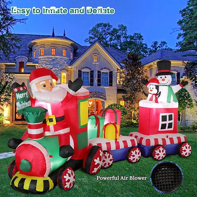 8 FT Christmas Inflatable Train with Santa Claus, Snowman, Penguin, Gift Boxes, Blow Up Yard Decorations with Built-in Lights, Lovely Xmas Train Carriage for Holiday Display Lawn Garden Party Decor