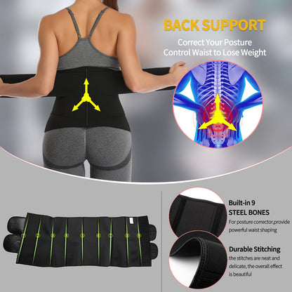 KIWI RATA Neoprene Sauna Waist Trainer Corset Sweat Belt with 2 Straps for Women Plus Size Compression Gym Workout Trimmer,#2 Hooks Black,X-Small