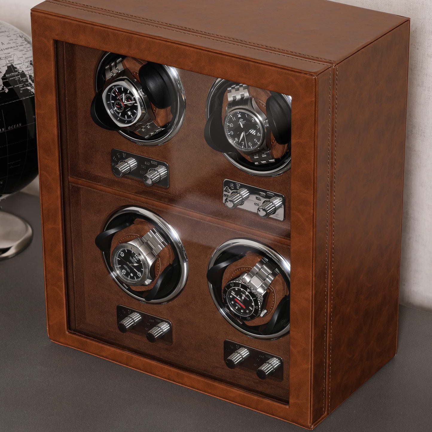 ROTHWELL 4 Watch Winder for Automatic Watches with Quiet Motor with Multiple Speeds and Rotation Settings (Tan/Brown)