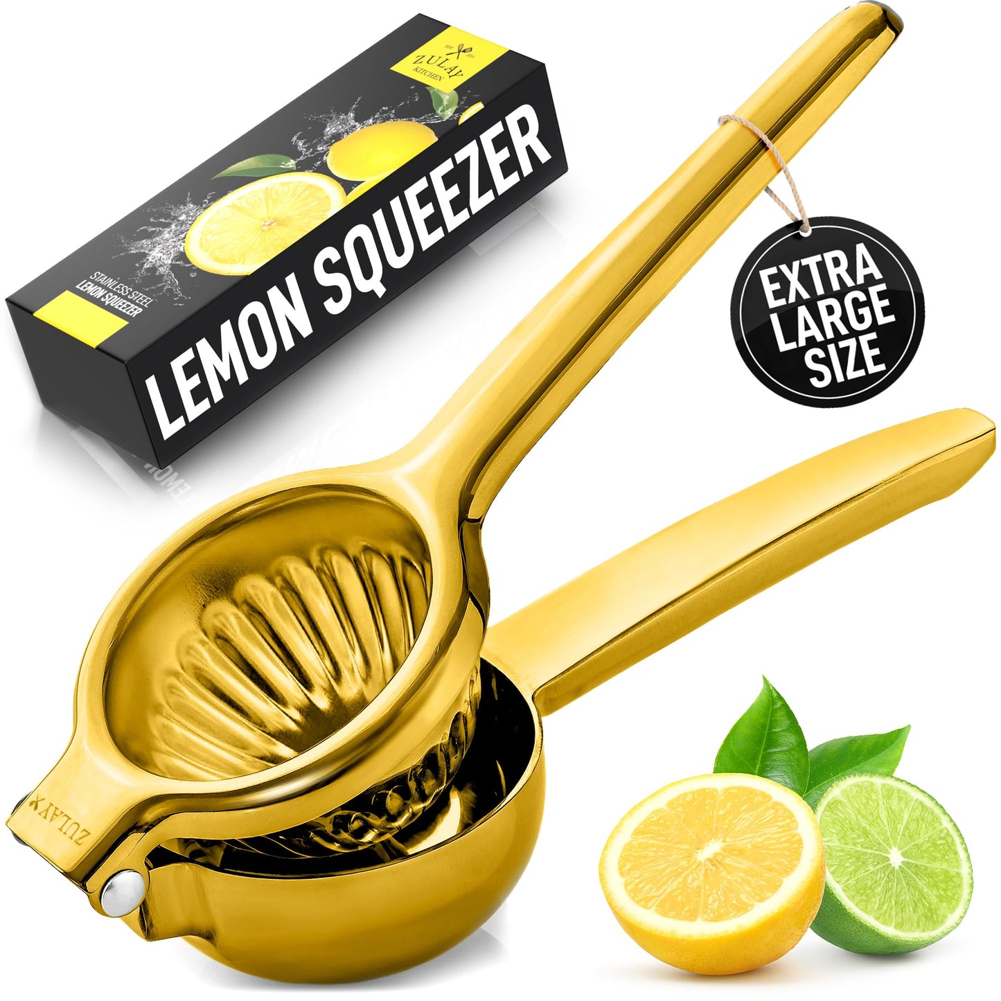 Zulay Lemon Squeezer Stainless Steel with Premium Heavy Duty Solid Metal Squeezer Bowl (Black Grip, Large)