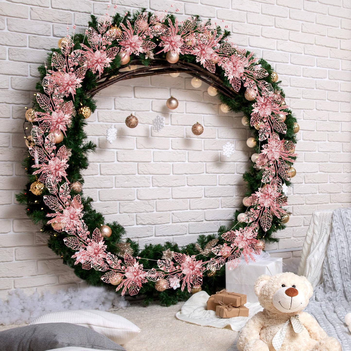 Tigeen 20 Pcs 16.5 Inch Rose Gold Artificial Glitters Christmas Picks Decoration Sprays with Flowers Berry Leaves or Xmas Decor Wreaths Wreath Vase Fillers