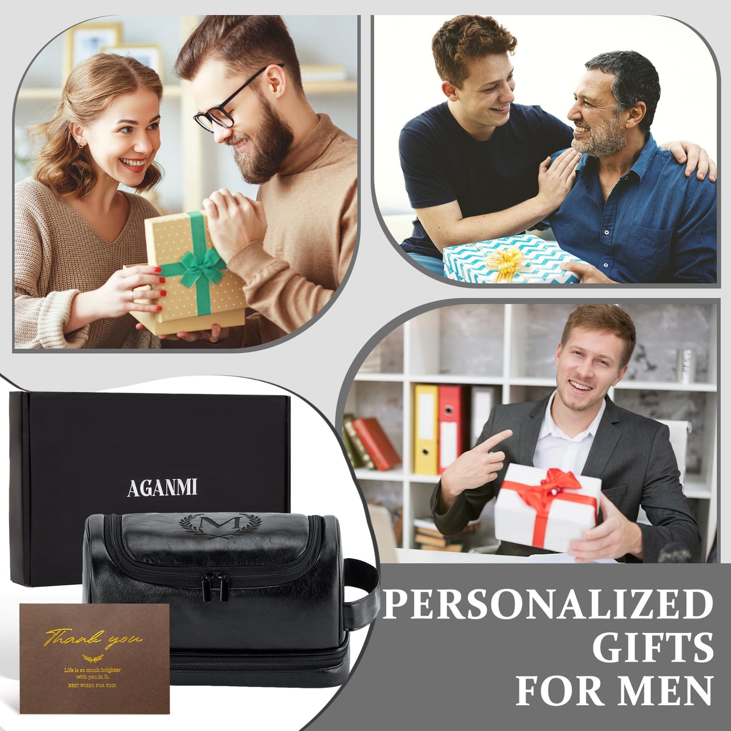 Aganmi Personalized Gifts Travel Toiletry Bag for Men Him, Laser-Engraved Initial PU Leather Waterproof Shaving Bag Christmas Birthday Gift for Men Dad Husband Boyfriend Groomsmen, Black M