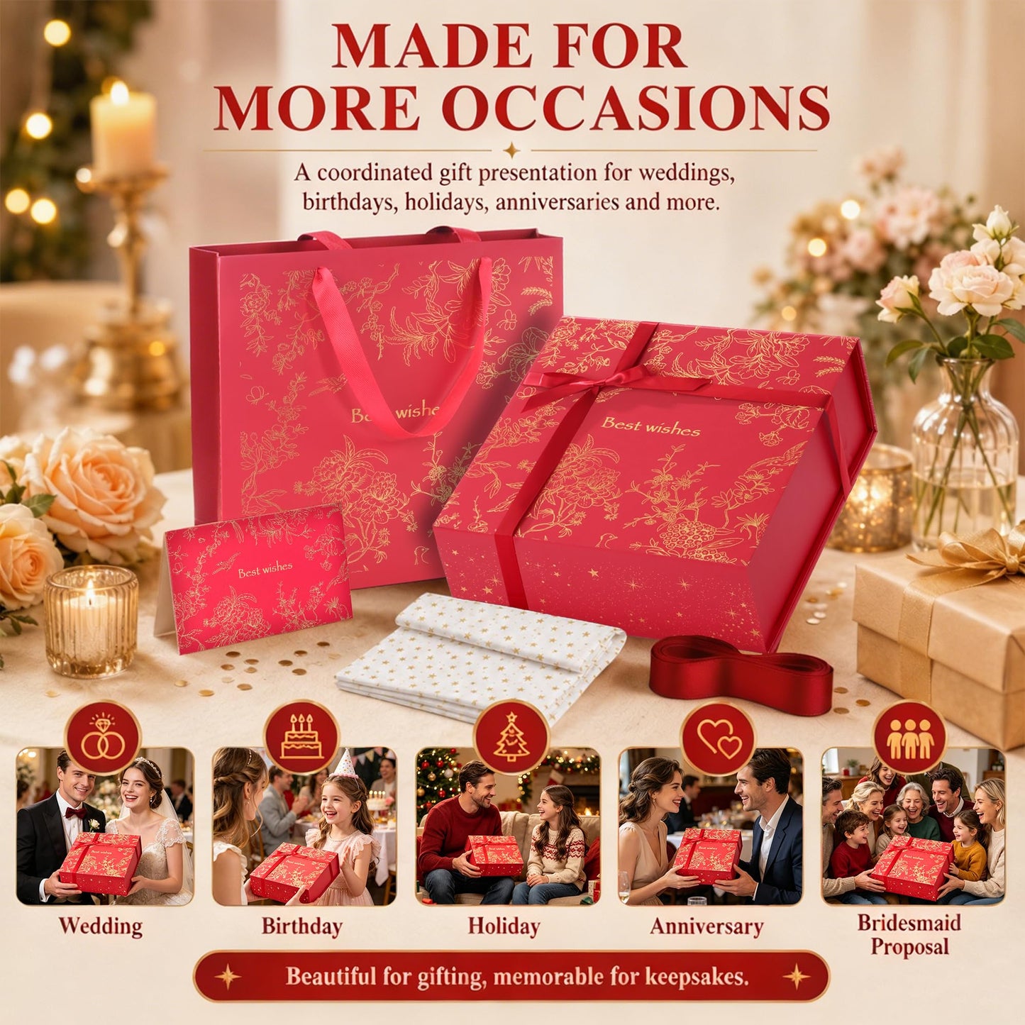 Amalee Luxury Gift Box, Large Deep Red 12”x12”x4” with Strong Magnetic Lid, Elegant Glue-Free Assembly, Includes Ribbon & Card for Wedding, Birthday, Christmas Gift Packaging
