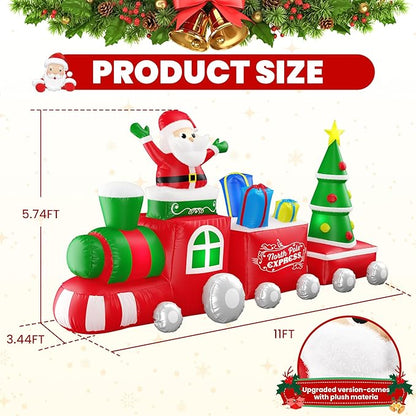 11 FT Deluxe Christmas Inflatables Train with Santa Claus, Gift Box, Christmas Tress, Built-in LED Lights, Blow Up Lovely Train Carriage for Christmas Party Holiday, Outdoor Garden Lawn Yard Decor