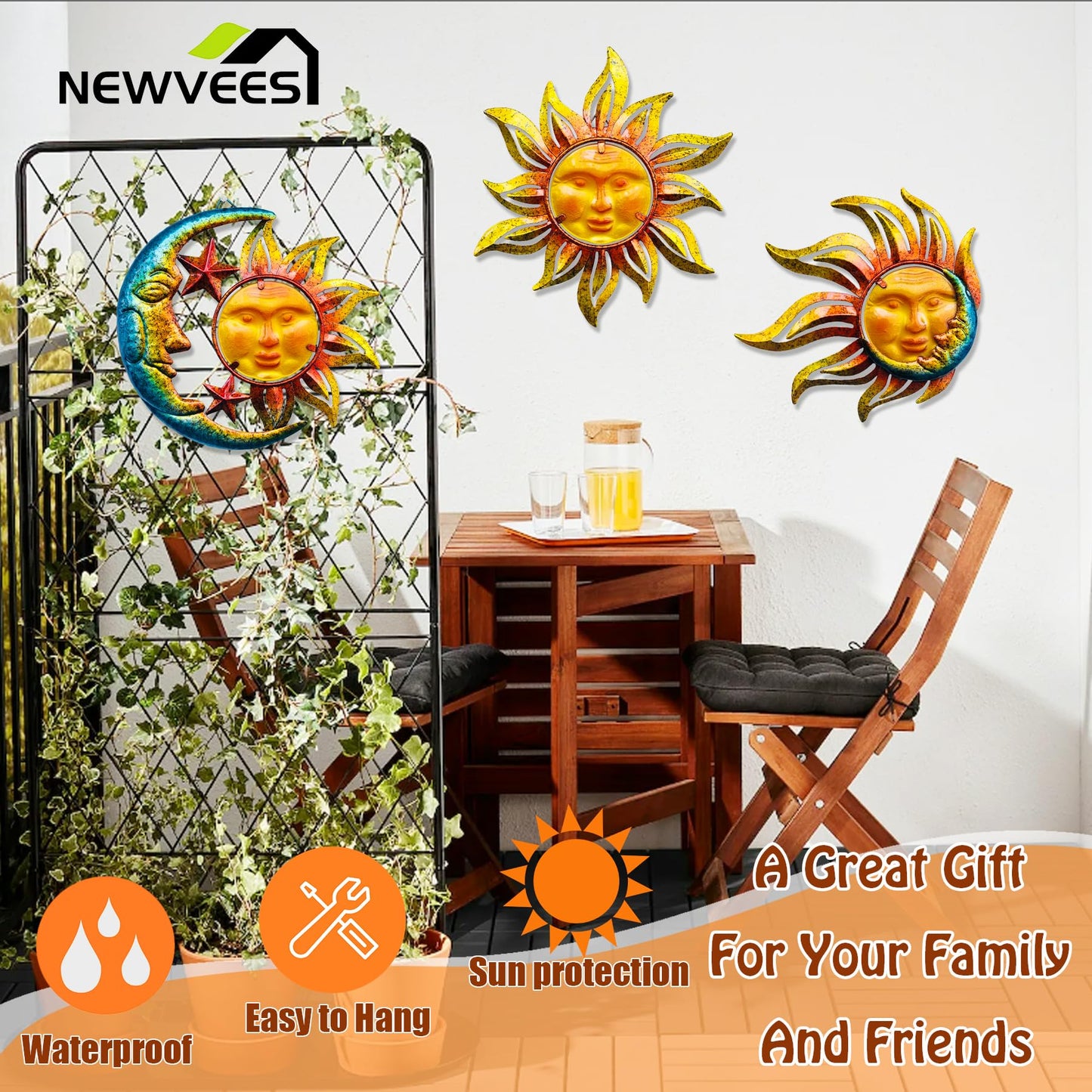 NewVees Sun Face Metal Wall Art Décor Outdoor Indoor, Sun Moon Star, Metal Glass Hanging for Garden Sun Face Sculptures & Statues Statues Wall Art for Farmhouse, Patio, Garden Decoration(3 Pack)