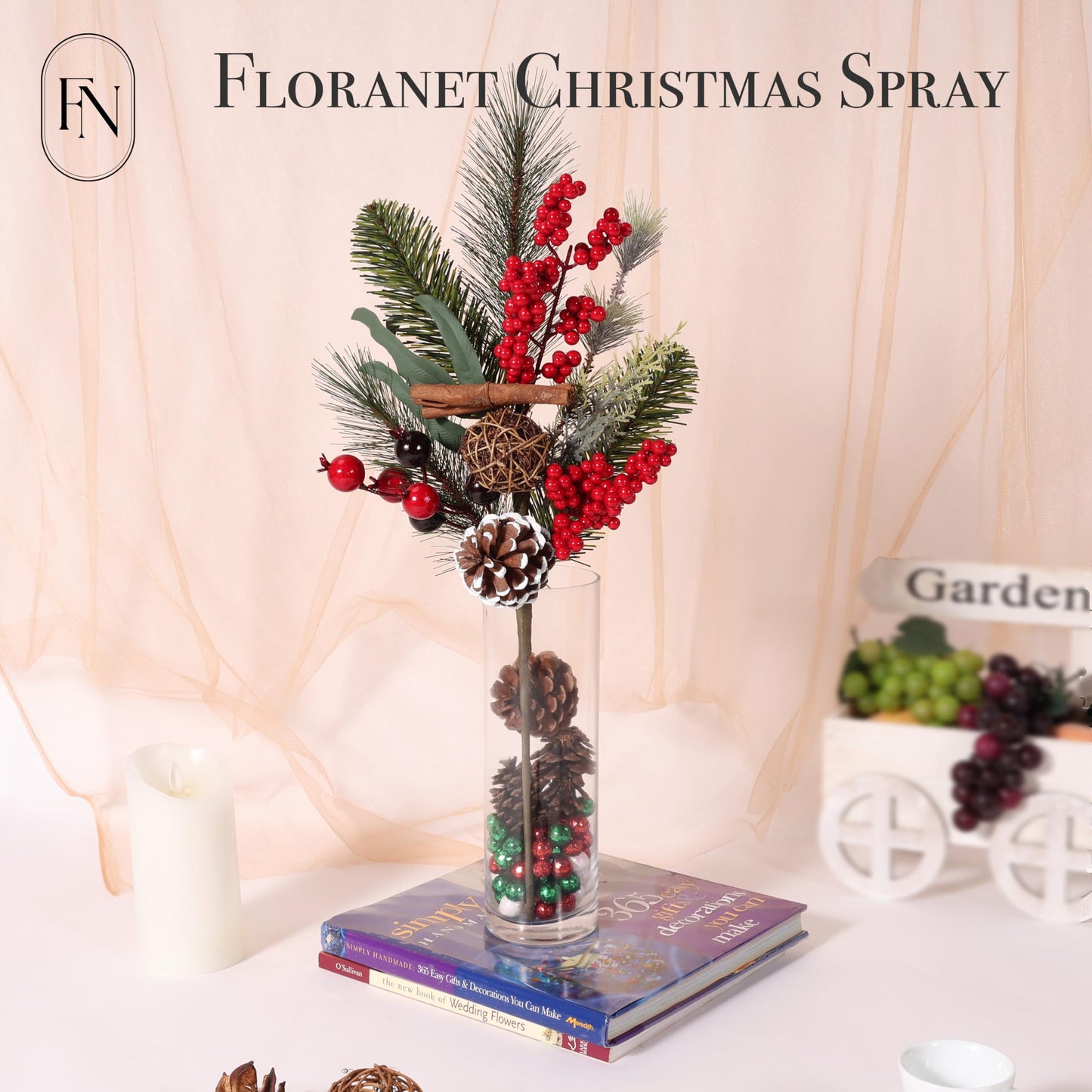 FLORANET 6Pcs（22“&17”） Christmas Red Berry,Pinecone,Cinnamons Pick,Pine Branch Mix Stem for Christmas Tree Wreath Floral Arrangement Vase Winter Holiday Décor