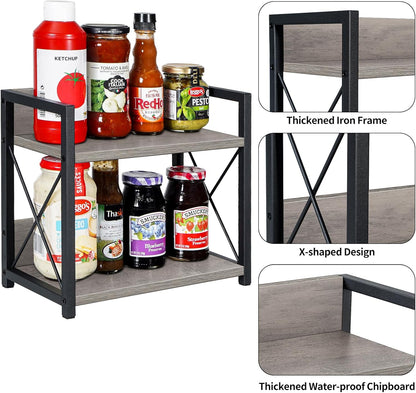 Giikin Countertop Shelf Organizer, 2 Tier Kitchen Spice Rack Organizer for Countertop, Wood Coffee Counter Shelf Organizer for Home (Grey, S)
