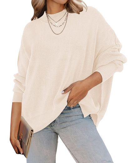 ZESICA Women's Fall 2025 Casual Long Sleeve Crew Neck Side Slit Oversized Ribbed Knit Pullover Sweater Tops