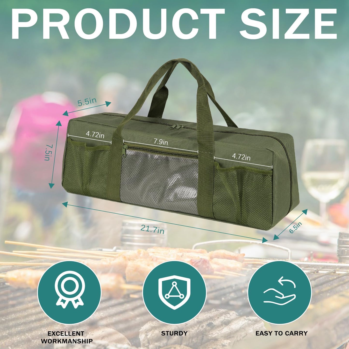 Frjjthchy Grill Tool Storage Bag, Large Grill Utensil Storage Caddy with Pockets, Portable Grill Accessory Storage Bag for Outdoor Camping & BBQ (Green)
