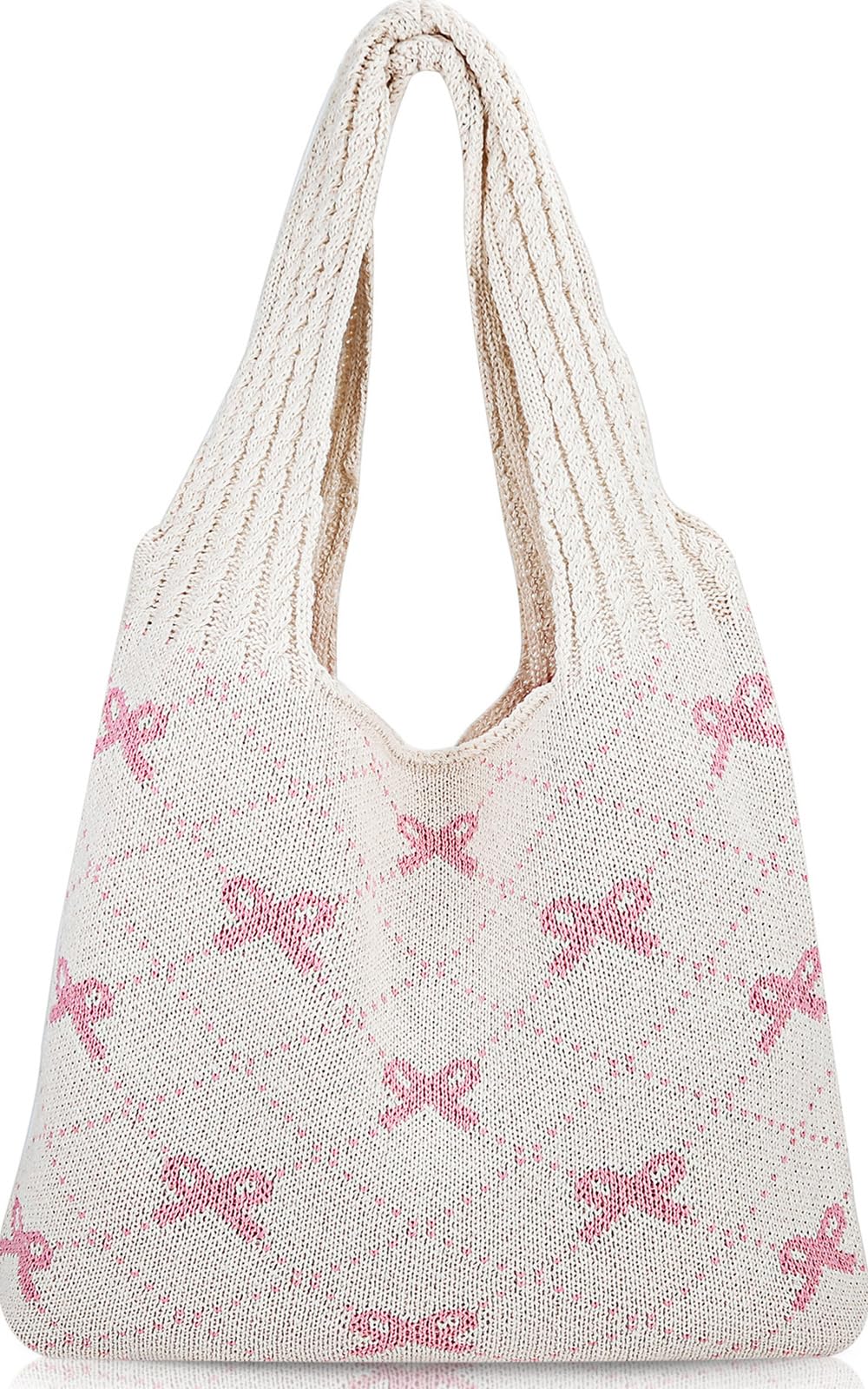 Busnos Beige Crochet Beach Bags For Women Coquette Bow Tote Bag Purse For Women Cute Crochet Beach Tote Bag Boho Knit Shoulder Purses Trendy Womens Travel Vacation Handbag