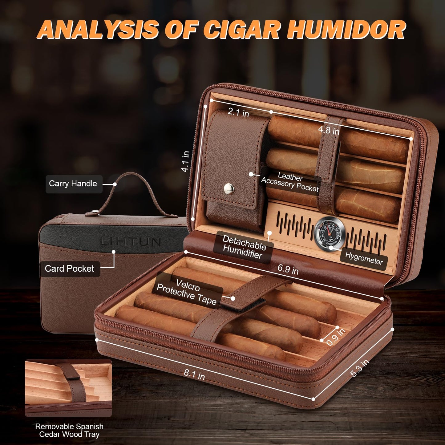 LIHTUN Cigar Humidor, Leather Cedar Wood Travel Cigar Case and Multifunctional in 1 Cigar Lighter Set Portable Travel Humidor Box Cigar Gift for Men (Brown)