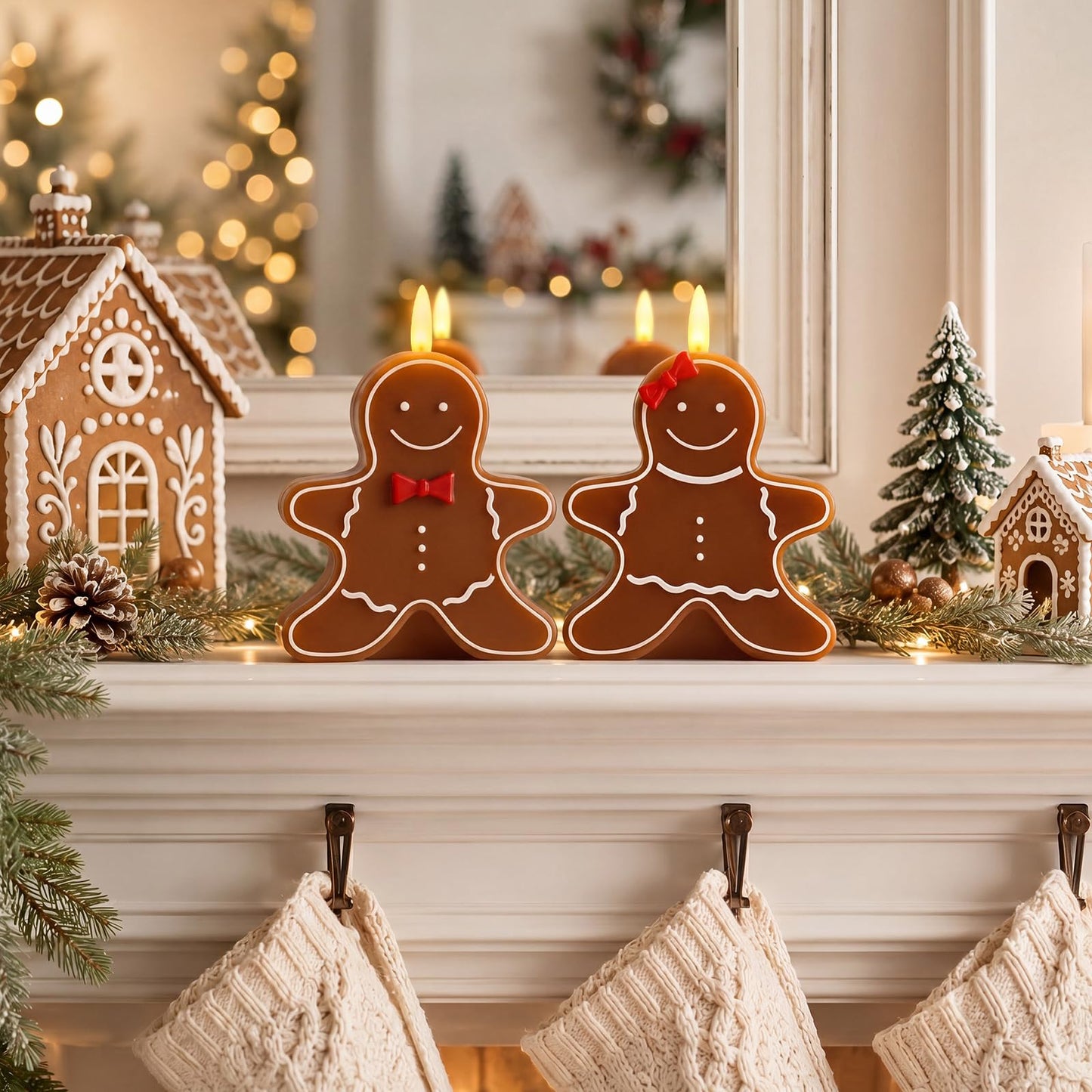 VIHOSE 2 Pcs Christmas Gingerbread Man Flameless Candles 4.53 x 5.59 x 2.76 inch Real Wax Gingerbread Man Battery Operated LED Candles Christmas Table Decoration for Xmas Winter Home Table Decor