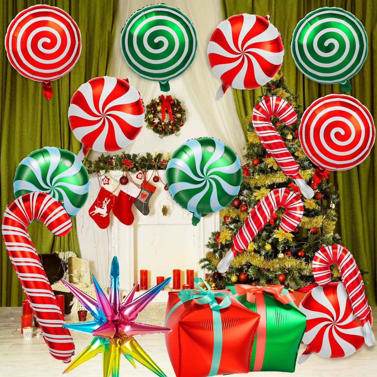 38Pcs Christmas Balloons, Big Red Green Candy Cane Foil Mylar Balloon for Party Decorations