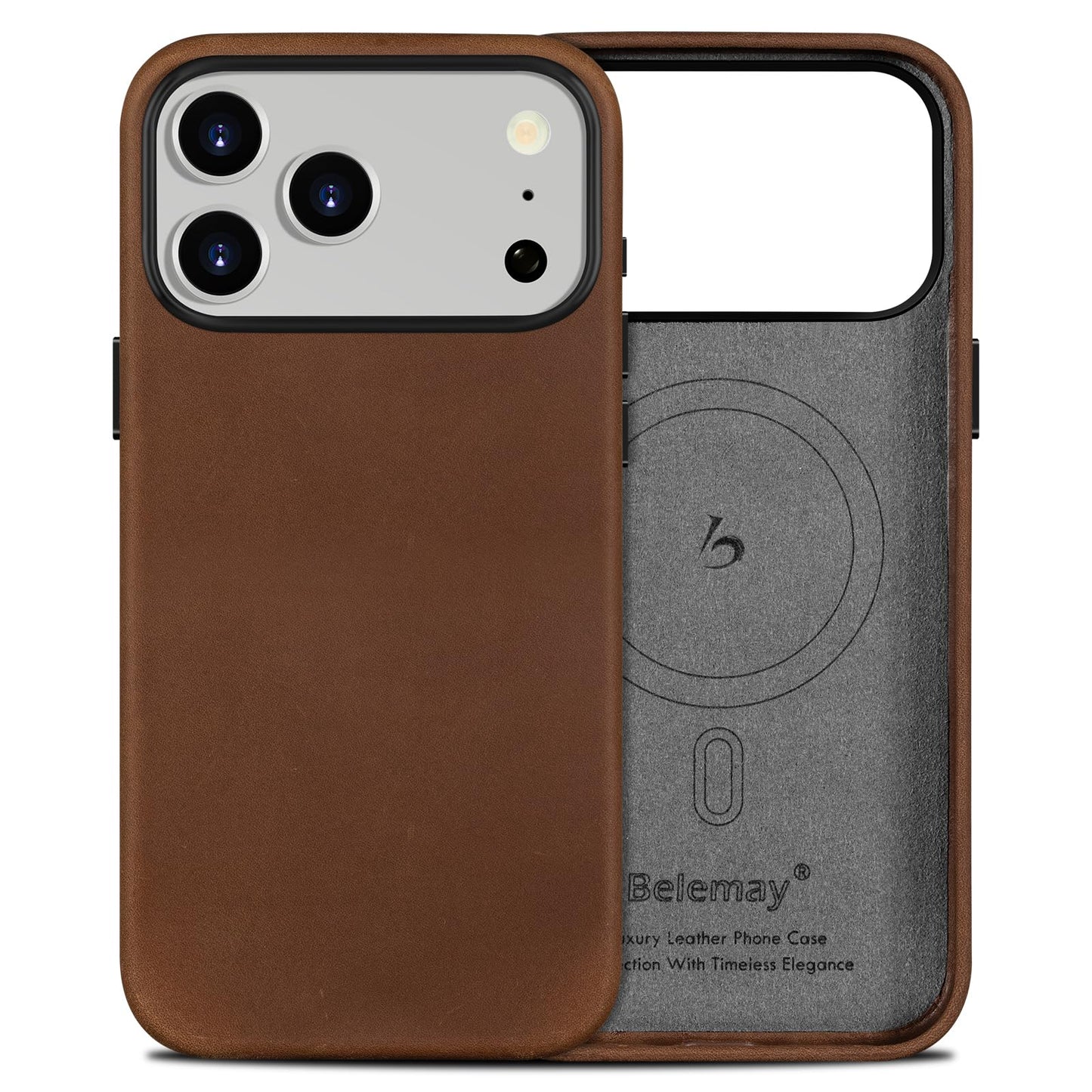 Belemay Handcrafted Crazy Horse Leather Case for iPhone 17 Pro, Compatible with MagSafe, Vintage Aesthetic, Two-Tone Effect, Unique Patina, Camera Control Button, Metal Buttons (6.3"), Vintage Brown