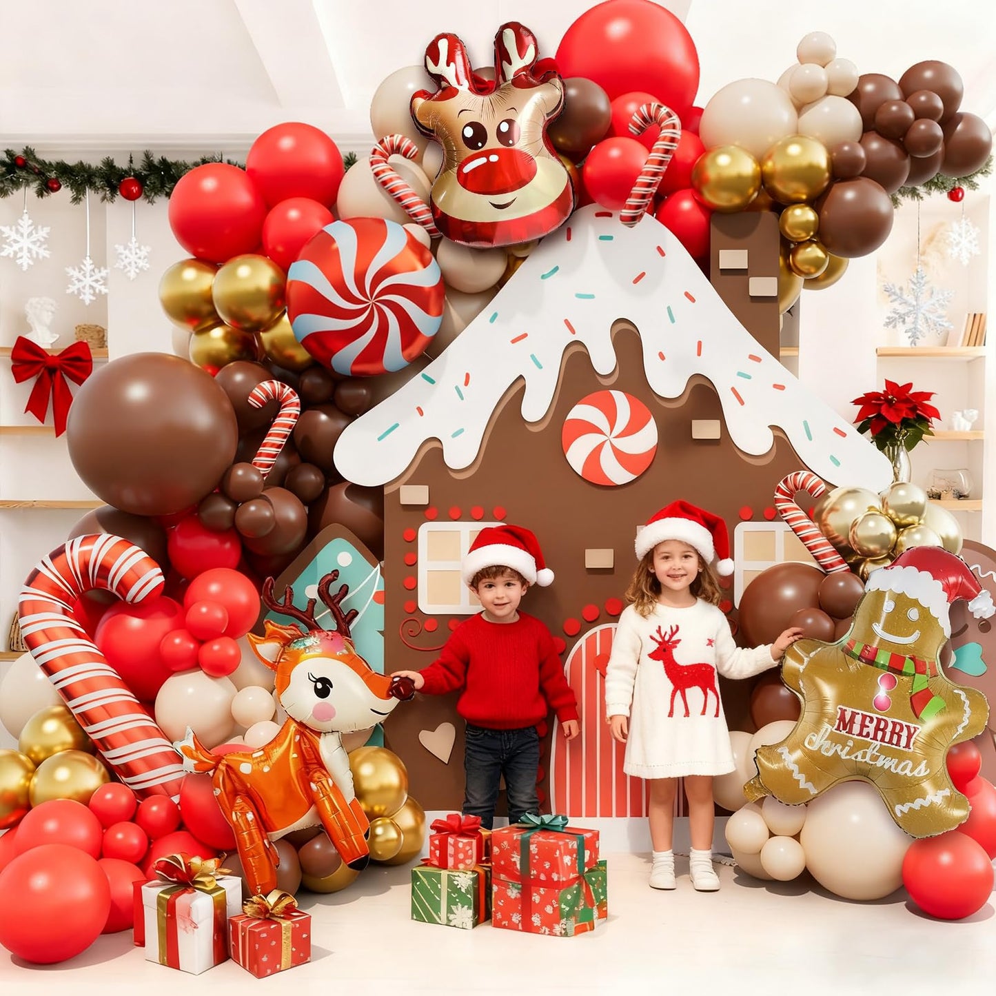 Bonropin 173pcs Christmas Balloon Garland Arch Kit Red Brown Sand White Gold Balloons with Gingerbread Moose Elk Deer Candy Cane Foil Balloon for Christmas Woodland Party Xmas Winter Party Decorations