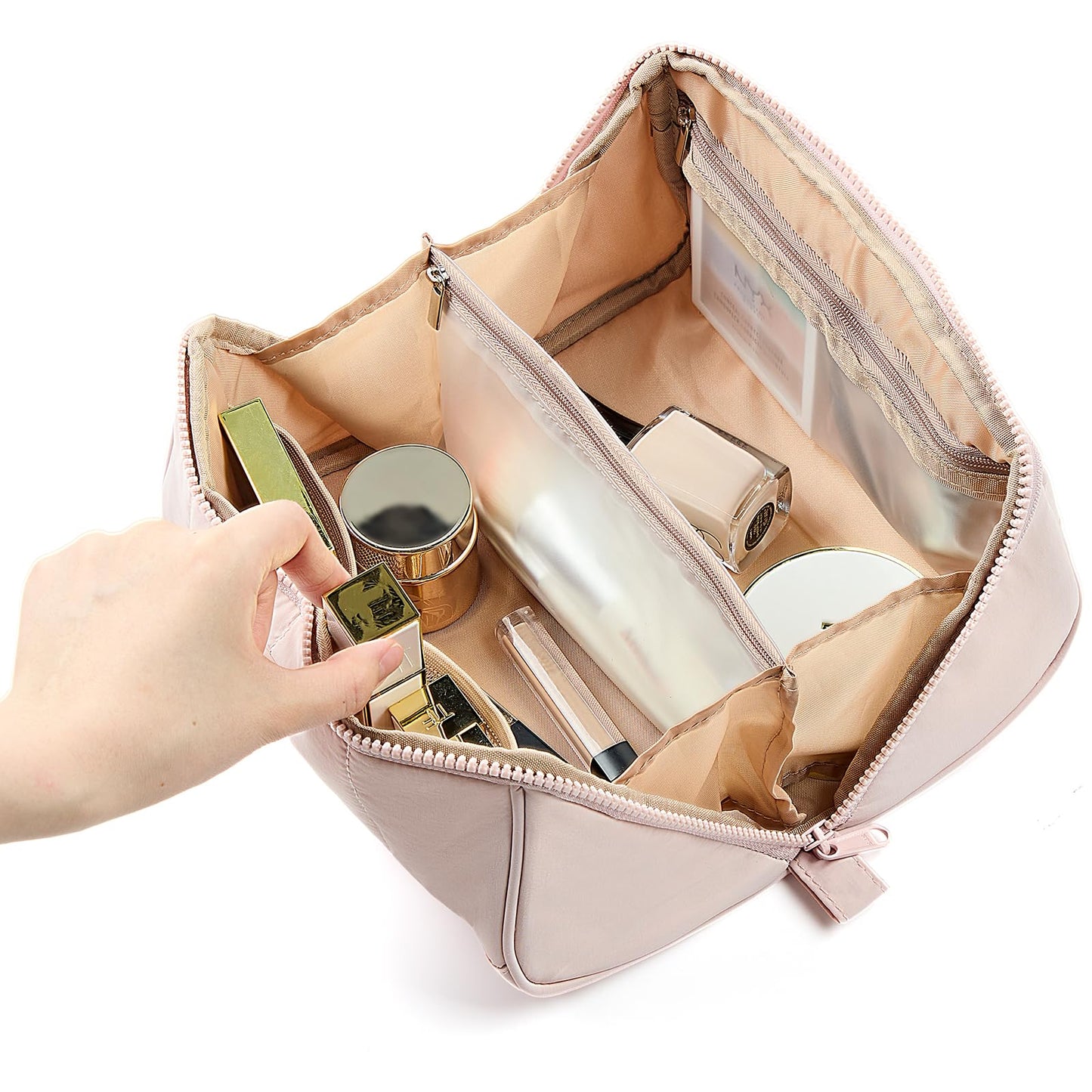NISHEL Travel Makeup Bag for Women, Fluffy & Lightweight Open Flat Cosmetic Organizer with Multiple Functional Divider for Brush Independent Storage, Handle for Easy Portability, Pink