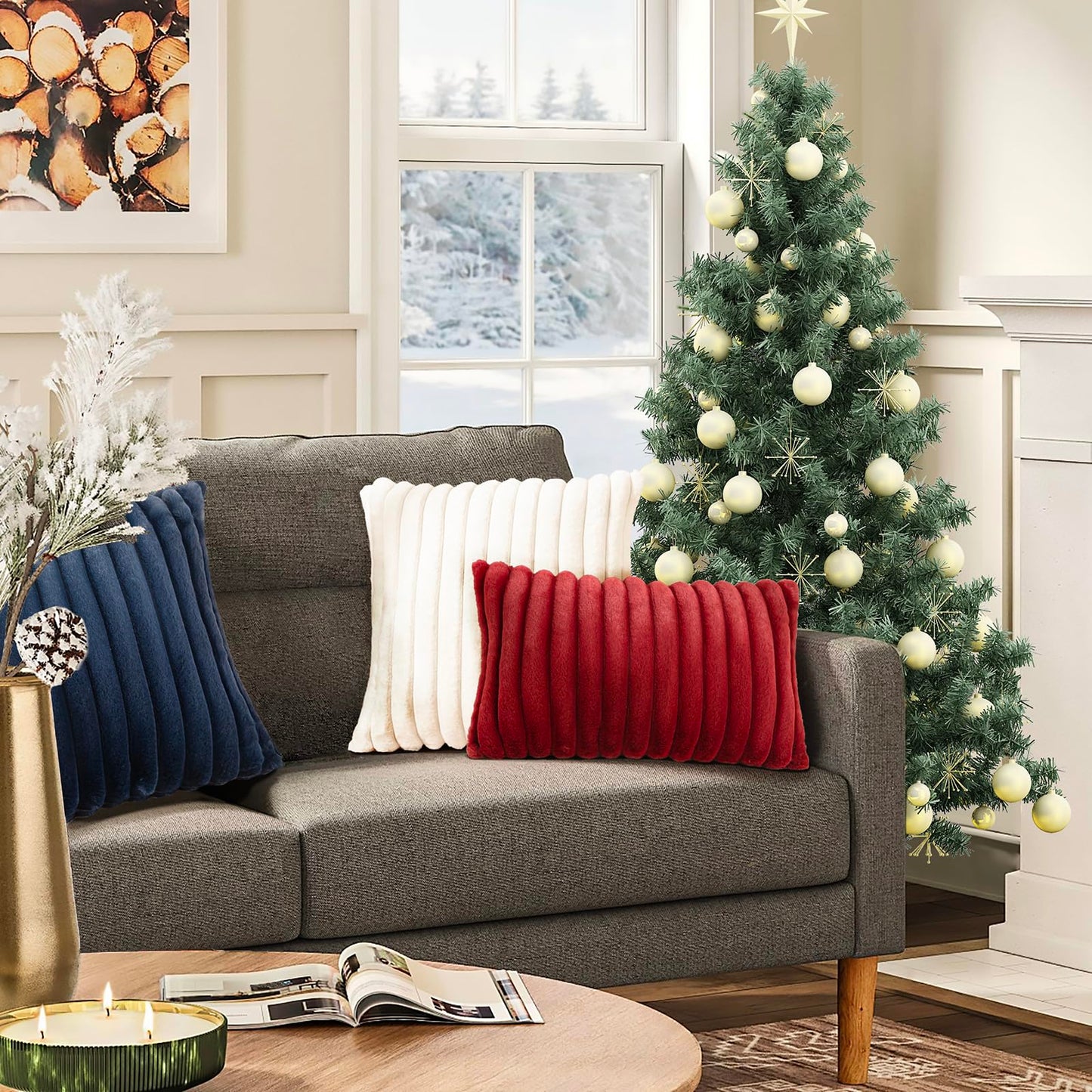 Uhomy Set of 2 Faux Fur Plush Christmas Red Decorative Throw Pillow Covers Fuzzy Striped Soft Pillowcase Cushion Covers for Sofa Couch Bedroom 12x20 inch 30x50 Cm Burgundy Red