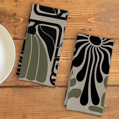 Sage Green Groovy 70s Retro Kitchen Towels Set of 2
