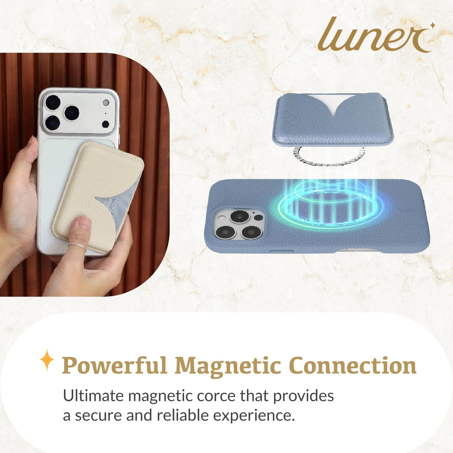 Luner - Eco Leather Magnetic Side-Access Card Wallet Compatible with Magsafe - [for iPhone 16, 15, 14, 13, 12 series] - [Holds 2 cards] - Frost Blue