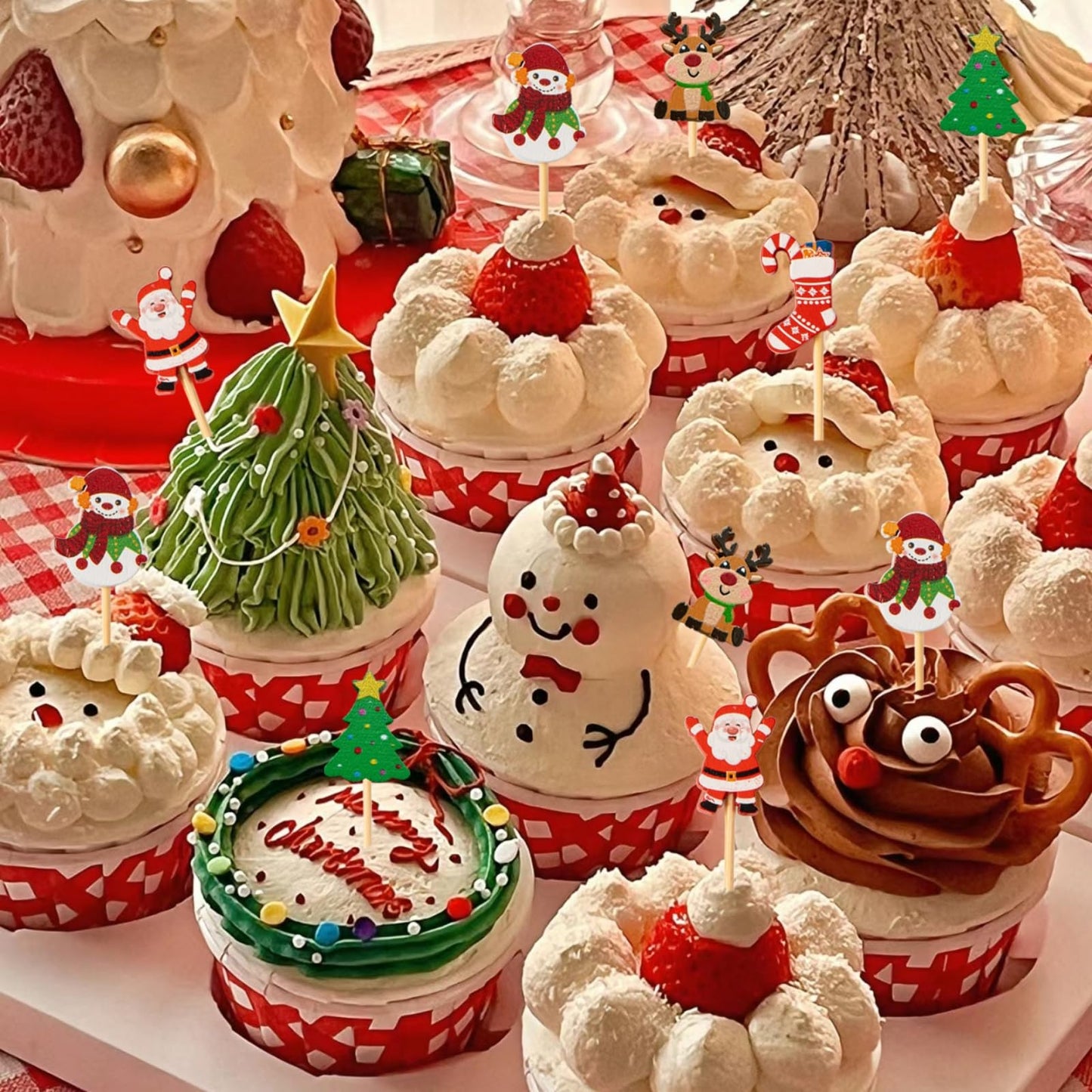 Jiesky 240 Counts Christmas Cocktail Picks Christmas Tree Snowflake Snowman Santa Claus Reindeer,4.7in Bamboo Cocktail Toothpicks Fruit Food Appetizer for Christmas Party Decorations 2024