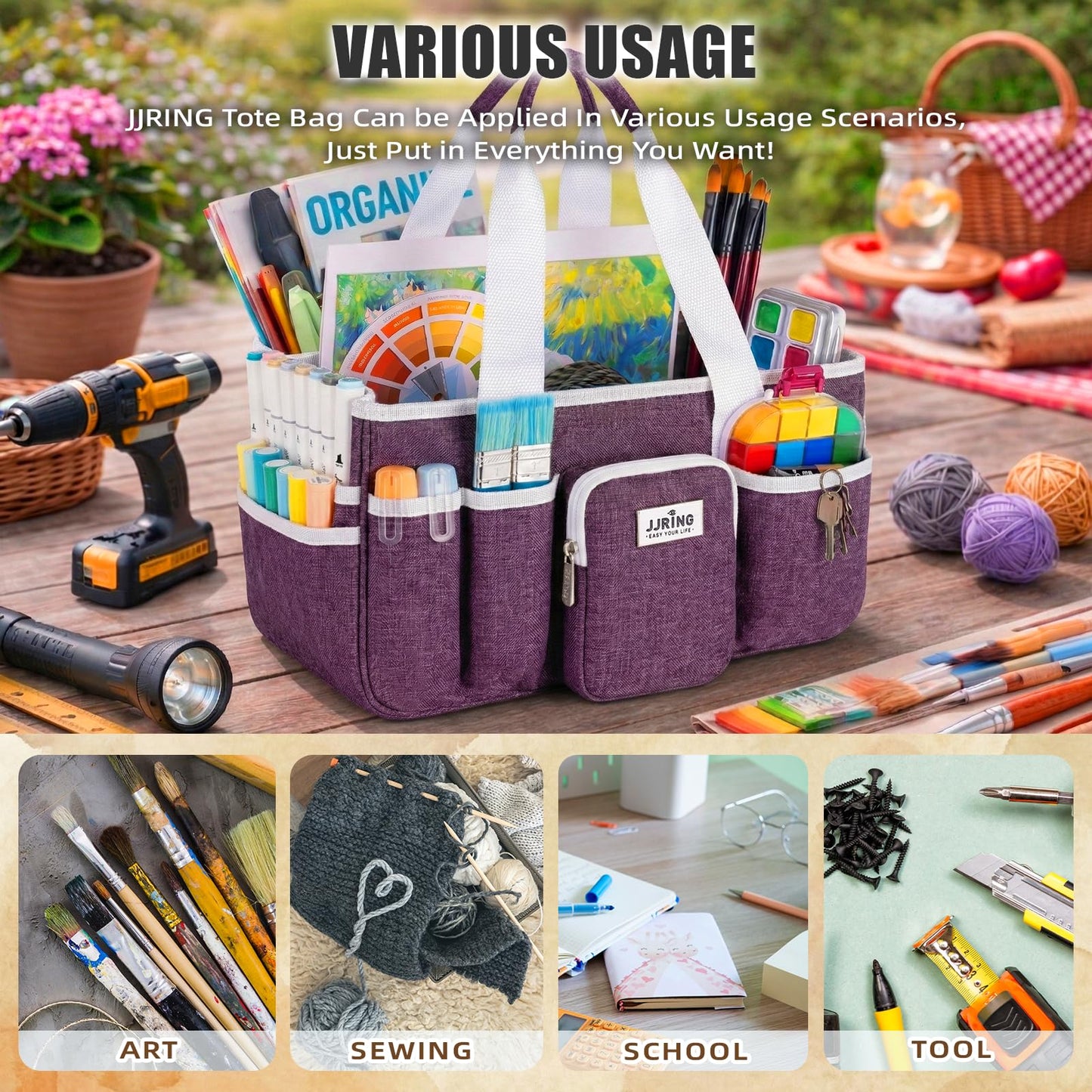 Jjring Craft Organizer Tote Bag, Portable Art Caddy with Adjustable Divider&Secure Zipper Pocket, Large Foldable Storage Tote for Scrapbooking, Sewing, Artist and Home(Deep Purple)