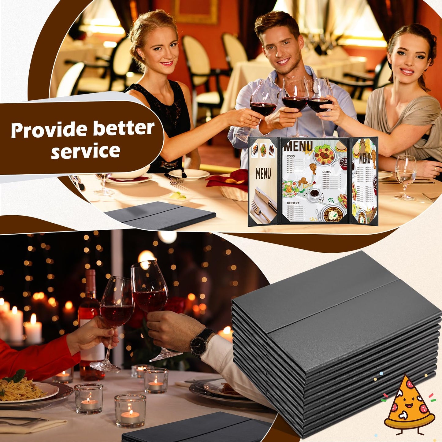 Jexine 10 Pcs Folding Model Menu Covers Holders for 8.5 x 11 Inch and 4.25 x 11 Inch, Waterproof Restaurant Black Leather Menu Covers Holders for Wine List, Drinks, Cafes, Bar, Hotel