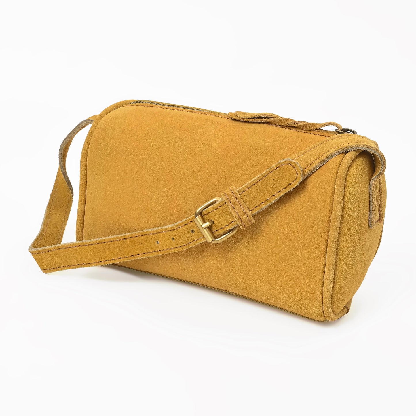 Merbaa Leather Cosmetic Bag for Women with Zipper Closure & Shoulder Strap, Small Genuine Suede Makeup Pouch Organizer Travel Toiletry Case Crossbody Sling Purse. Tan