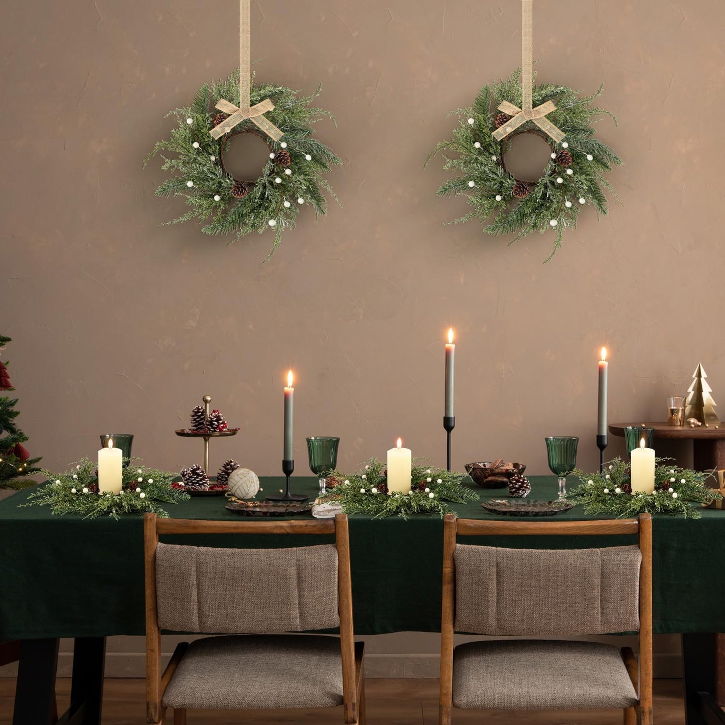 6 PCS Christmas Wreath Christmas Kitchen Cabinet Wreaths with Burlap Ribbon Mini Wreath Pine Garland Frosted Cedar Pine Cone Hanging Garlands Candle Rings for Front Door Window Chair Wall