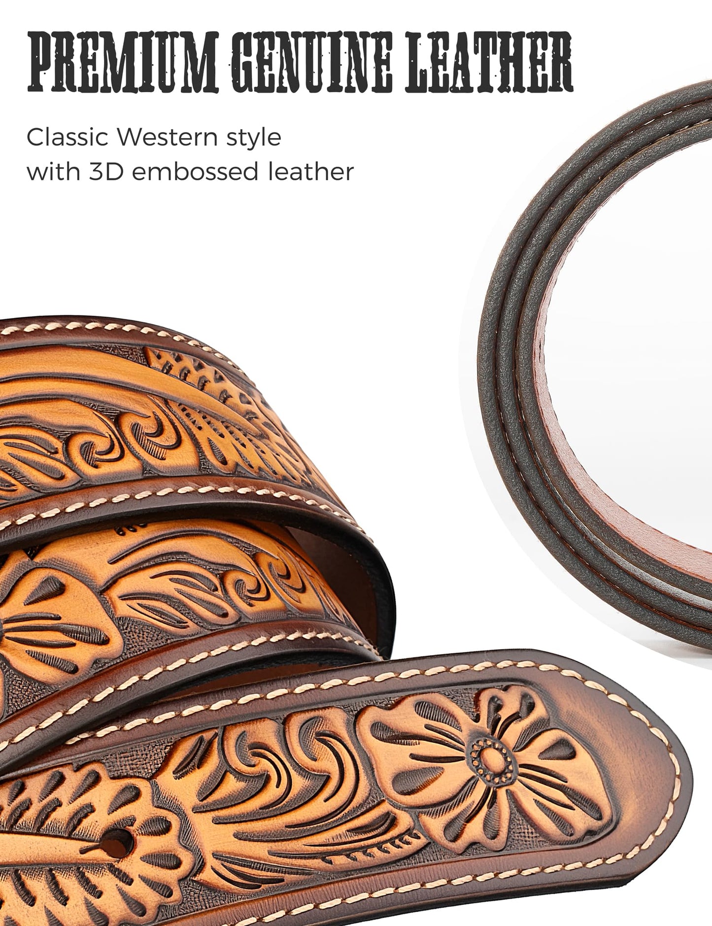 Biybletes Western Cowboy Leather Belt - 1.5" Genuine Leather Country Belt with Durable Buckle