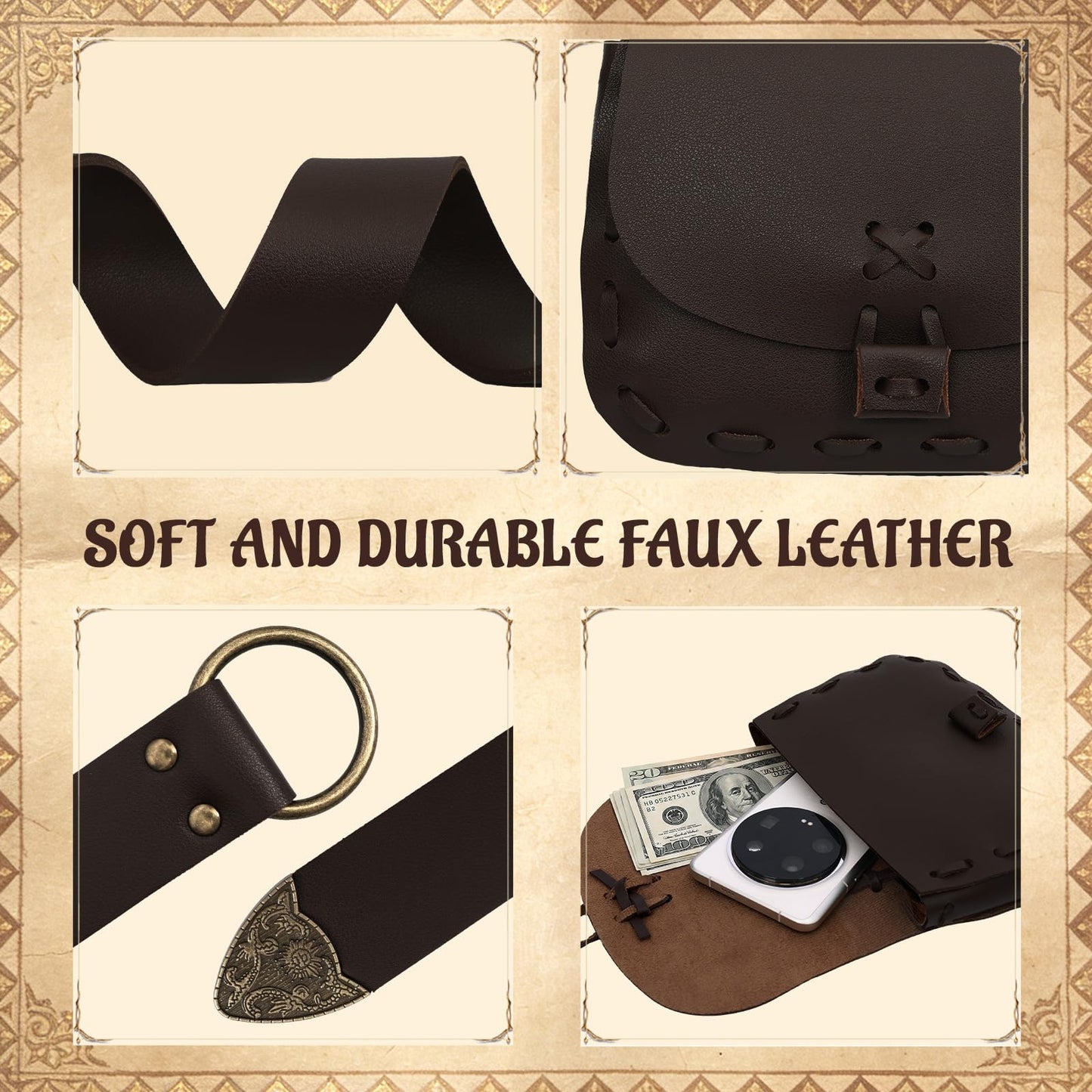 Renaissance Belt Pouch Medieval Costume Accessories Set - Pirate Viking Faux Leather Waist Bag for LARP Cosplay (Brown)