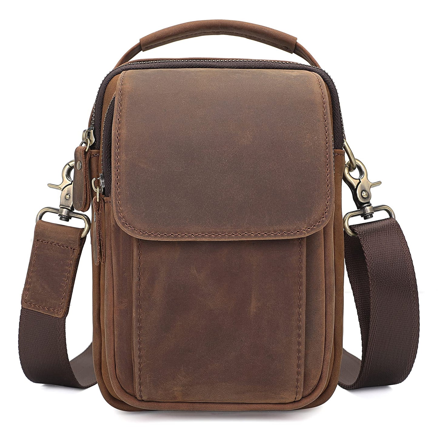 Augus Leather Small Messenger Bag For Men Crossbody Handbag Shoulder Sling Travel Bags for Men Purse Daypack Magnetic Buckle (Brown)