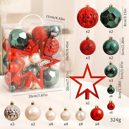 50 PCS Christmas Ball Ornaments Set, Classic Red Green Golden White Decorations, Mixed Shapes & Finishes, All-in-One Tree Decorating Kit, Gift & Home Holiday Decor