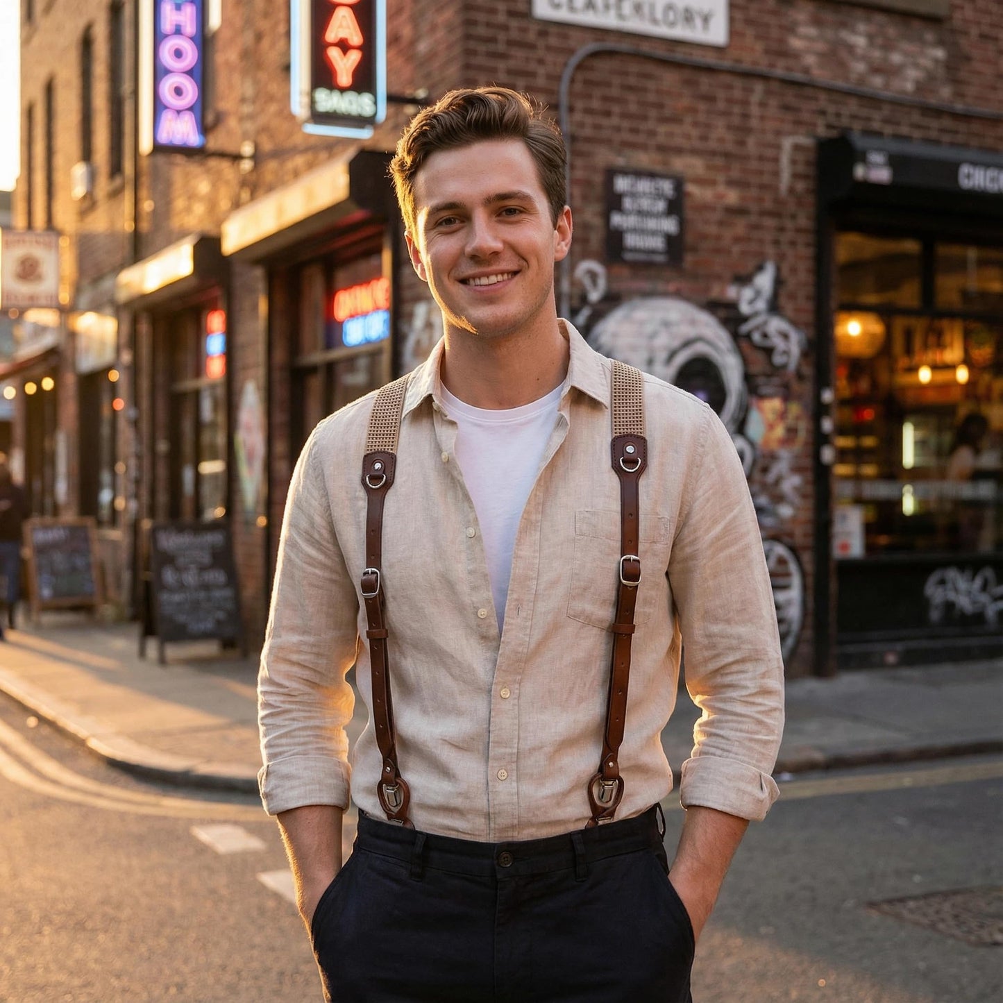 Tourbon Leather Suspenders for Men Y Back Shape Elastic Webbing Adjustable Brown Wedding Groomsmen with Interchangeable Clips