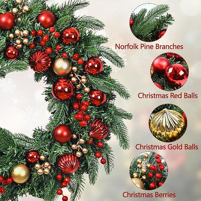 Christmas Wreath with Lights, 20 Inch Christmas Wreaths for Front Door, Large Winter Door Wreath with Ball Ornaments, Berries and Norfolk Pines, Xmas Decor for Indoor Outdoor Wall Windows