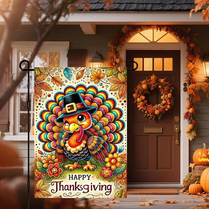 Thanksgiving Garden Flag Cute Turkey Pilgrim Hat 12x18 Inch Seasonals Outdoor Yard Banner Double Sided Fall Autumns Flags Decor For Girls or boys gifts Decrations Flags
