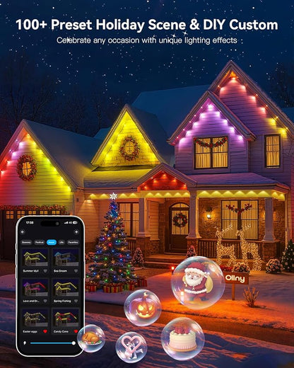 Ollny 50FT 30LED Permanent Outdoor Lights, APP Control RGB Outdoor Lights 100 Scene Modes with Remote, DIY Music Modes Christmas Light for Holiday Xmas Halloween Decorations