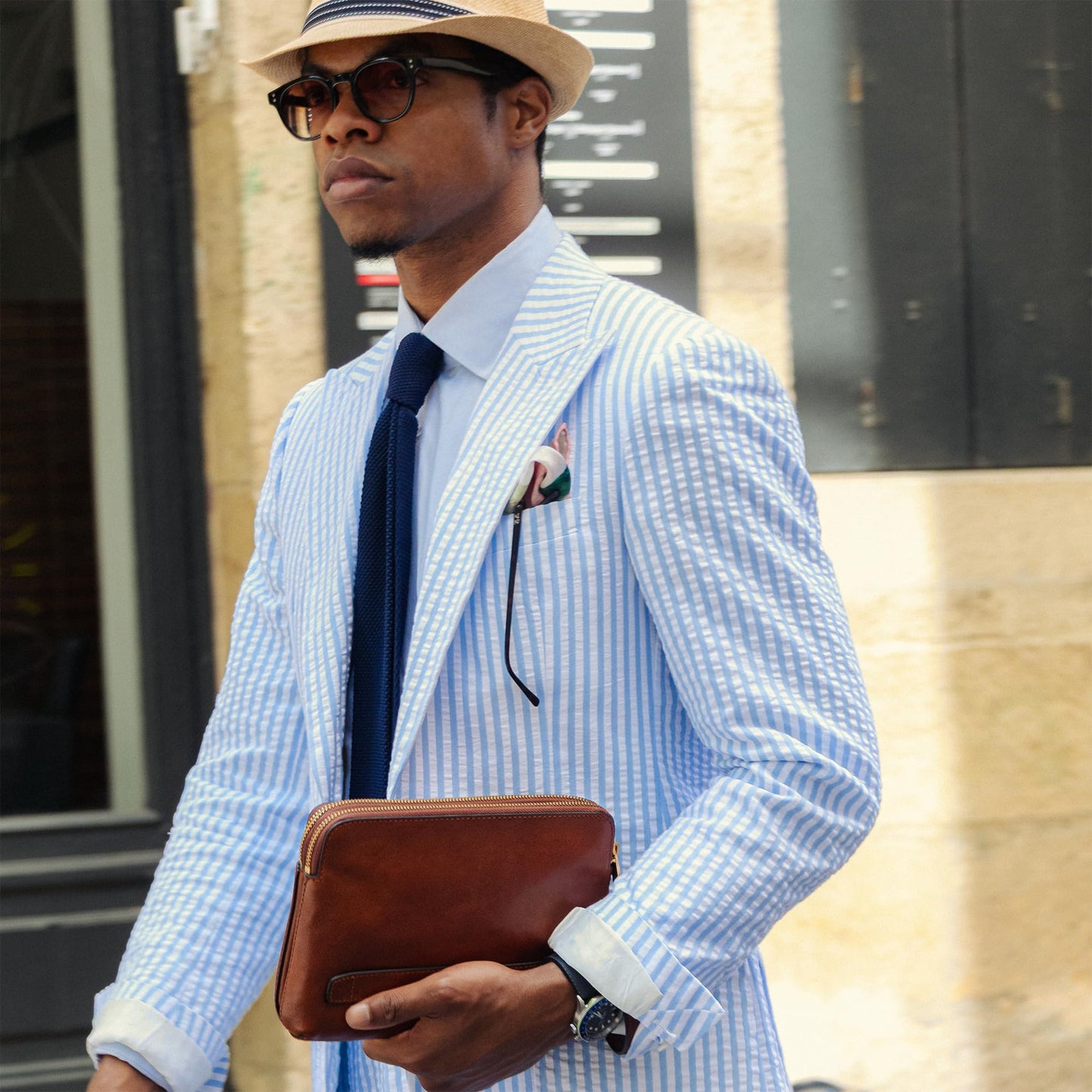Time Resistance Leather Clutch for Men - Organizer Bag for Men - Wrist Bag - Briefcase Handmade in Italy (Cognac Brown) - Gift Box Included