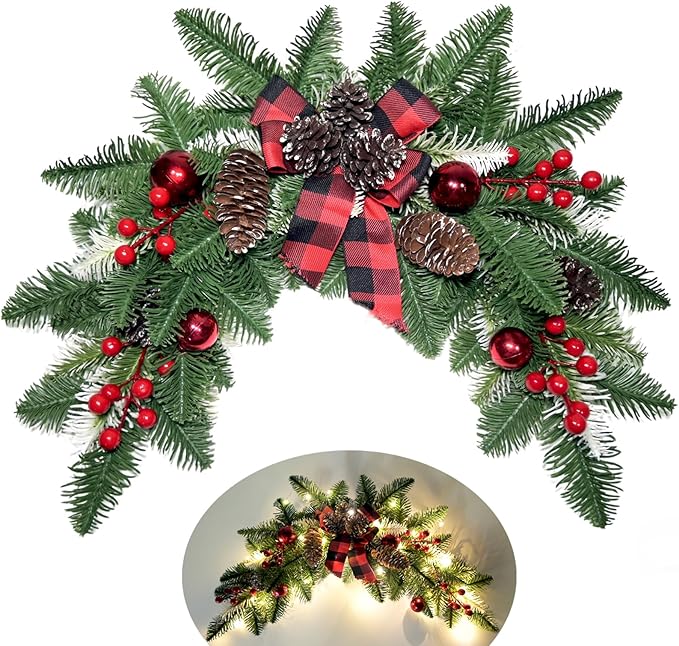 27.6" Christmas Swag with Lights Artificial Decorative Swag with Cute Bow Red Xmas Balls PineCones Red Berries Cedar Pine Swag Wreath Decoration for Front Door Table Window Stair Mantle Holiday Decor