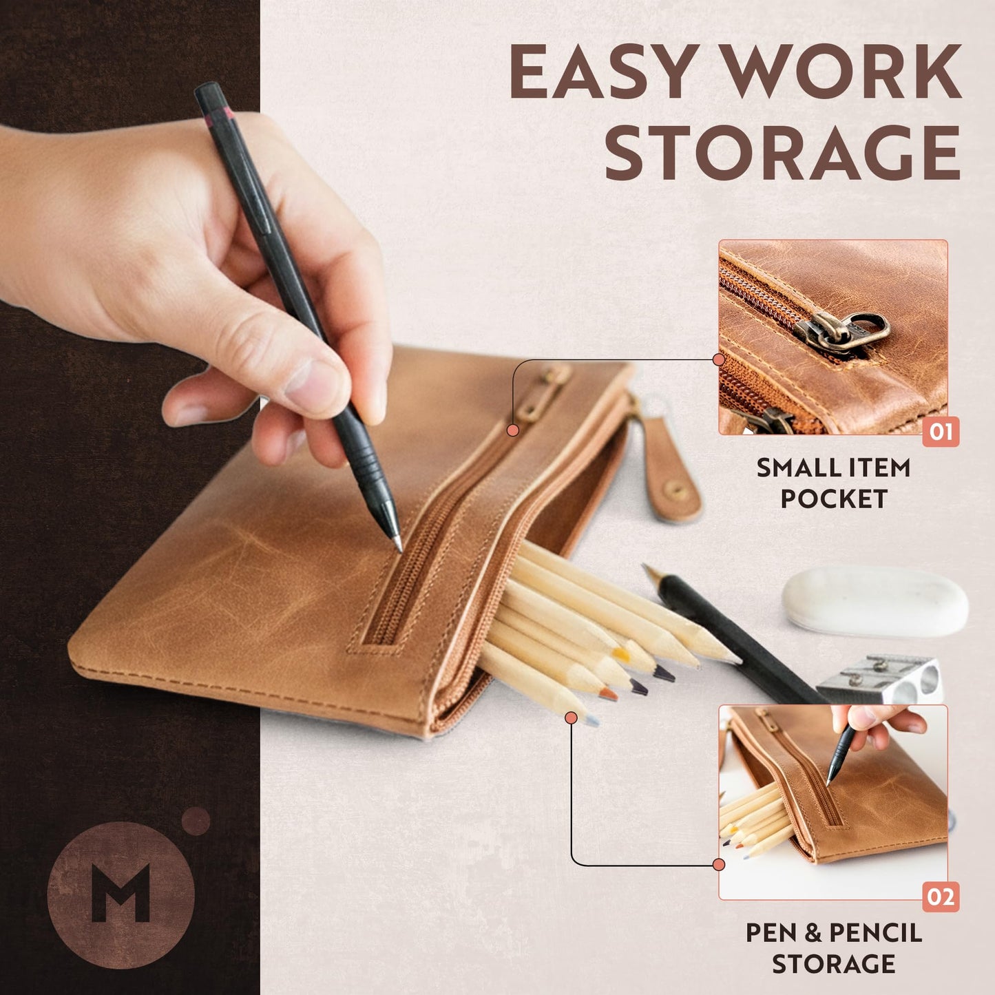 moonster Leather Pencil Case Pouch, Handcrafted 8" x 4" Leather Pen Case with Zipper - Pencil Cases for Adults with Side Pocket - Pencil Pouch Zippered Pen Bag - Light Brown