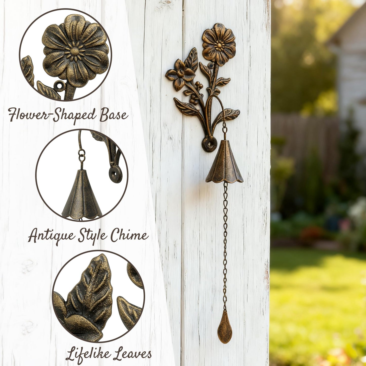 SOFFEE GARDEN Floral Cast Iron Bell, Double Flower & Cone-Shaped Bell Design for Porch, Pathway, or Garden Decor, Antique Style Metal Chime