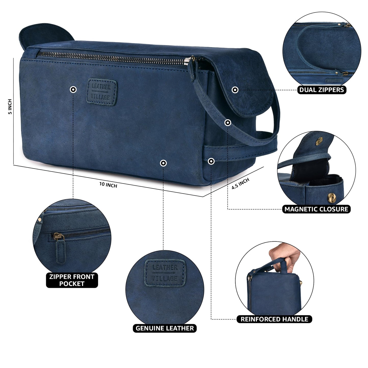 LEATHER VILLAGE Genuine Leather Travel Toiletry Bag - Water-Resistant Dopp Kit for Toiletries, Large Shaving Bag & Bathroom Organizer - Gift for Men & Women - Royal Blue