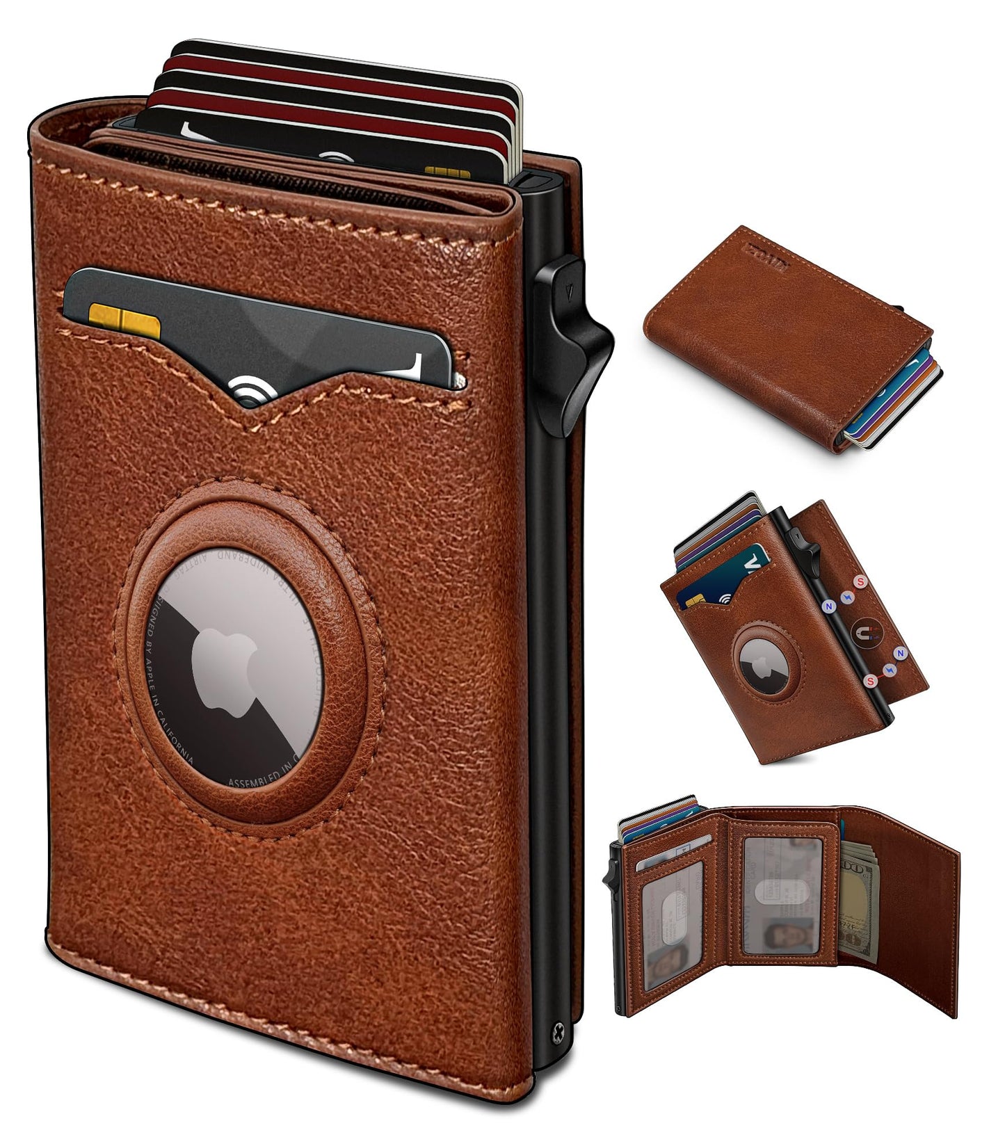 miyozi Airtag Wallet for Men,with Cash Pocket 2 ID Window 9-12 Cards,Metal Case Smart Slim Pop Up Credit Card Holder Flip with Magnetic Closure RFID Blocking Trifold wallet with Gift Box