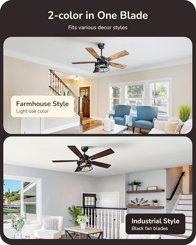 EDISHINE 42“ Farmhouse Ceiling Fans with Lights and Remote, 10%-100% Dimmable, 6 Speeds, Wood Blades, DC Reversible Motor, Timer, Noiseless, Small Rustic Ceiling Fan for Bedroom Living Room, UL Listed