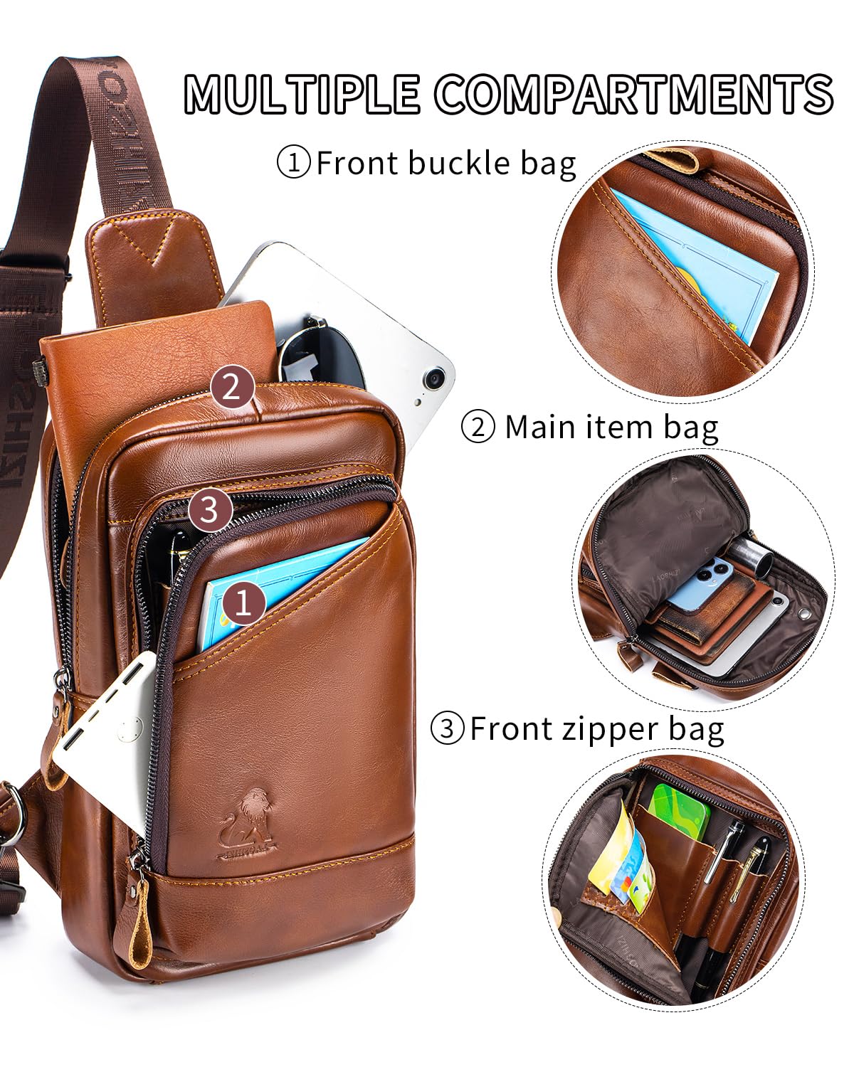 STEELLION Leather Crossbody Bag for Men, Genuine Cowhide Chest Bag with Large Capacity, 3 Card Slots, 2 Pen Holders and Organizer, Men's Sling Bag for Business, Travel, Casual and Daily Use (Brown)