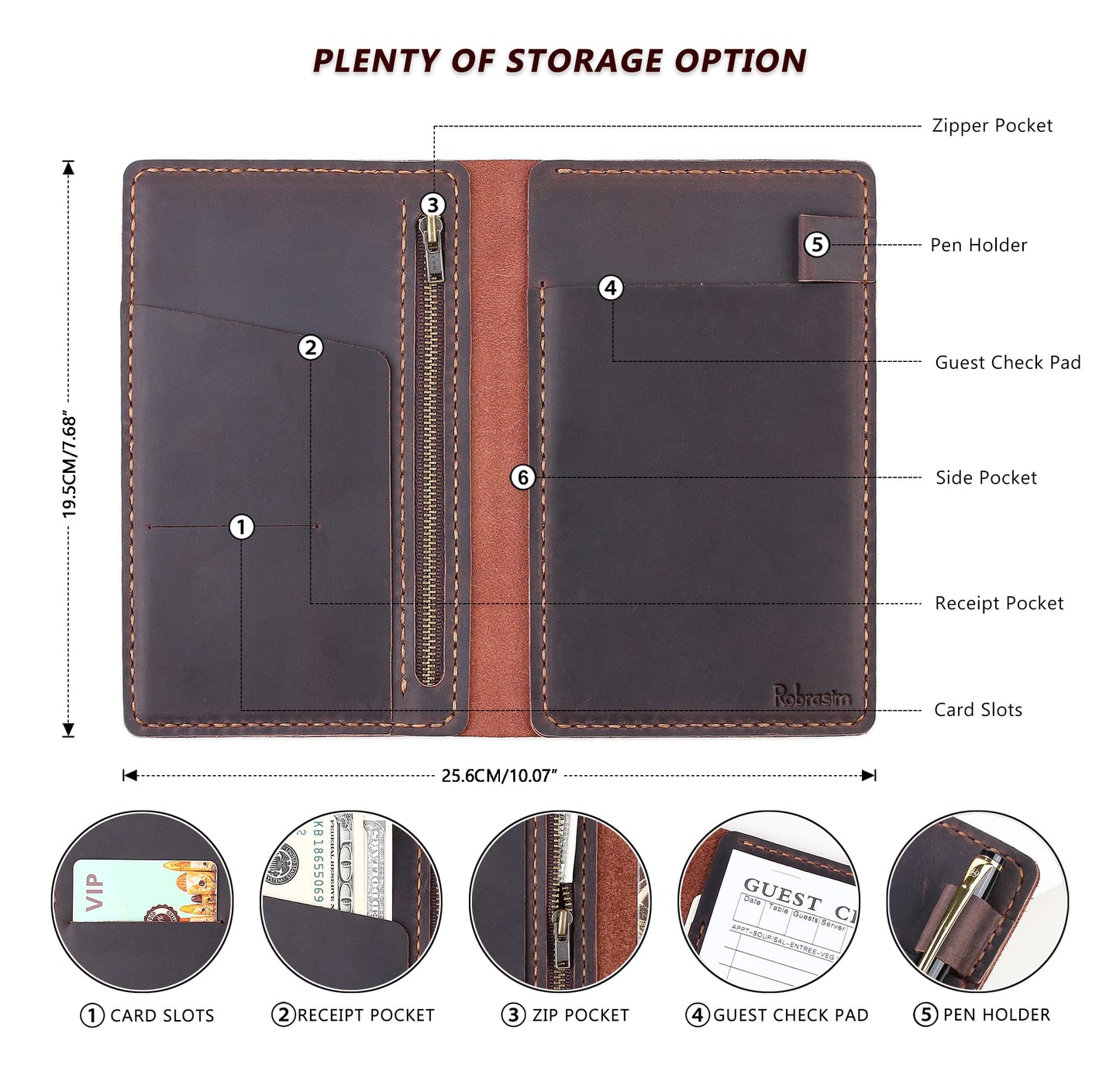 Server Book Organizer with Zipper Pocket, Genuine Leather Restaurant Guest Check Presenters Card Holder for Waitress, Waiter Accessories Fit Server Apron - Coffee