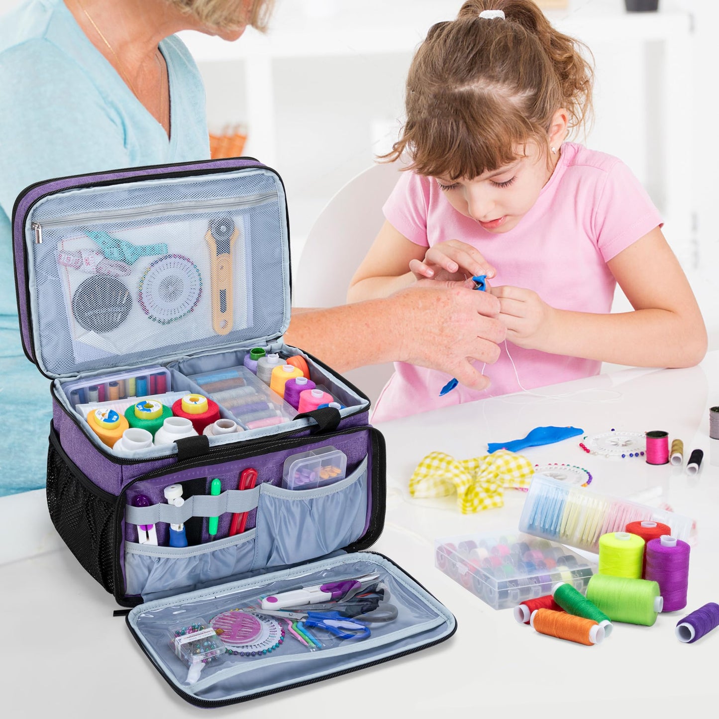 LUXJA Large Sewing Organizer with Many Compartments, 2 Layers Sewing Storage Bag with Varisized Pockets for Sewing and Crafting Supplies (Bag Only), Purple