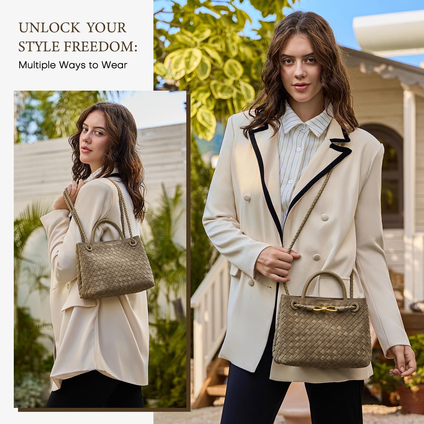 Suede Woven Tote Bag for Women Leather Shoulder Handbag Designer Top Handle Purses(Pine Tea Color)