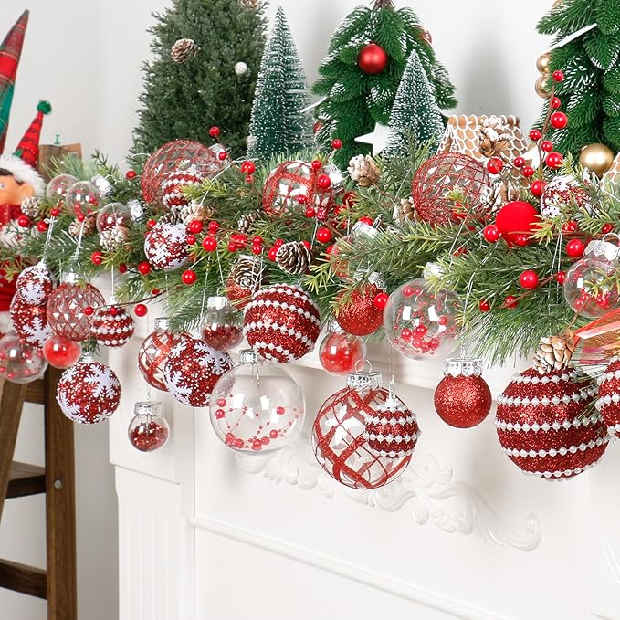 Super Holiday Christmas Ball Ornaments, 33PCS Red Clear Shatterproof Plastic Foam Ornaments Set for Hanging Xmas Tree Holiday Thanksgiving Party Decor.