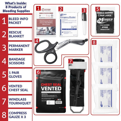 MFASCO 10-Piece Stop The Bleed - Bleeding Control Kit, Tourniquet, Compressed Gauze, Chest Seal, Portable, Easy-to-Open Packaging, Packed in A Plastic Kit That Can Be Mounted or Carried